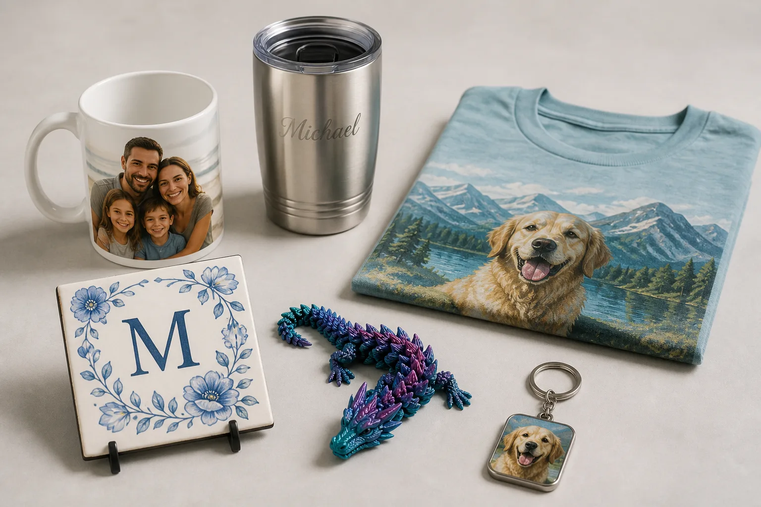 Produtos personalizados da Cleber Personalizados: caneca com foto, copo térmico gravado, camiseta estampada, azulejo, dragão em impressão 3D e chaveiro